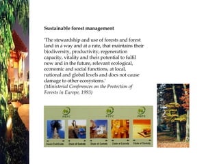 Sustainable forest management 'The stewardship and use of forests and forest land in a way and at a rate, that maintains their biodiversity, productivity, regeneration capacity, vitality and their potential to fulfil now and in the future, relevant ecological, economic and social functions, at local, national and global levels and does not cause damage to other ecosystems.' (Ministerial Conferences on the Protection of Forests in Europe, 1993) 
