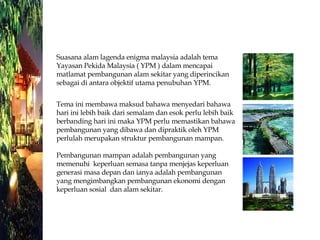 Suasana alam lagenda enigma malaysia adalah tema Yayasan Pekida Malaysia ( YPM ) dalam mencapai matlamat pembangunan alam sekitar yang diperincikan sebagai di antara objektif utama penubuhan YPM. Tema ini membawa maksud bahawa menyedari bahawa hari ini lebih baik dari semalam dan esok perlu lebih baik berbanding hari ini maka YPM perlu memastikan bahawa pembangunan yang dibawa dan dipraktik oleh YPM perlulah merupakan struktur pembangunan mampan.  Pembangunan mampan adalah pembangunan yang memenuhi  keperluan semasa tanpa menjejas keperluan generasi masa depan dan ianya adalah pembangunan yang mengimbangkan pembangunan ekonomi dengan keperluan sosial  dan alam sekitar. 