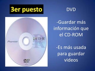 DVD
-Guardar más
información que
el CD-ROM
-Es más usada
para guardar
videos