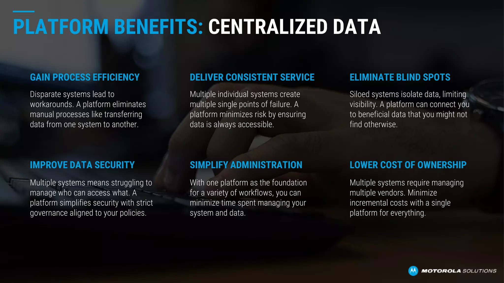 PLATFORM BENEFITS: CENTRALIZED DATA
DELIVER CONSISTENT SERVICE
Multiple individual systems create
multiple single points of failure. A
platform minimizes risk by ensuring
data is always accessible.
GAIN PROCESS EFFICIENCY
Disparate systems lead to
workarounds. A platform eliminates
manual processes like transferring
data from one system to another.
Siloed systems isolate data, limiting
visibility. A platform can connect you
to beneficial data that you might not
find otherwise.
ELIMINATE BLIND SPOTS
SIMPLIFY ADMINISTRATION
With one platform as the foundation
for a variety of workflows, you can
minimize time spent managing your
system and data.
IMPROVE DATA SECURITY
Multiple systems means struggling to
manage who can access what. A
platform simplifies security with strict
governance aligned to your policies.
LOWER COST OF OWNERSHIP
Multiple systems require managing
multiple vendors. Minimize
incremental costs with a single
platform for everything.
 