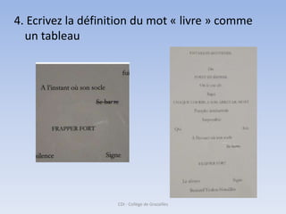4. Ecrivez la définition du mot « livre » comme
  un tableau




                    CDI - Collège de Grazailles
 