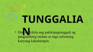 10
TUNGGALIA
N
? Dito makikita ang pakikipagtunggali ng
pangunahing tauhan sa mga suliraning
kanyang kakaharapin.
 