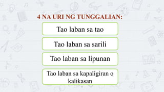 11
4 NA URI NG TUNGGALIAN:
Tao laban sa tao
Tao laban sa sarili
Tao laban sa lipunan
Tao laban sa kapaligiran o
kalikasan
 