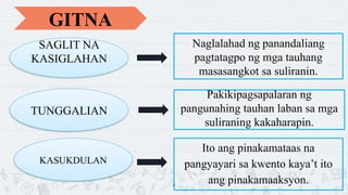 8
SAGLIT NA
KASIGLAHAN
Naglalahad ng panandaliang
pagtatagpo ng mga tauhang
masasangkot sa suliranin.
TUNGGALIAN
Pakikipagsapalaran ng
pangunahing tauhan laban sa mga
suliraning kakaharapin.
KASUKDULAN
Ito ang pinakamataas na
pangyayari sa kwento kayat ito
ang pinakamaaksyon.
GITNA
 