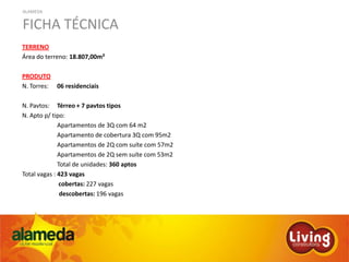ALAMEDA
FICHA TÉCNICA
TERRENO
Área do terreno: 18.807,00m²
PRODUTO
N. Torres: 06 residenciais
N. Pavtos: Térreo + 7 pavtos tipos
N. Apto p/ tipo:
Apartamentos de 3Q com 64 m2
Apartamento de cobertura 3Q com 95m2
Apartamentos de 2Q com suíte com 57m2
Apartamentos de 2Q sem suíte com 53m2
Total de unidades: 360 aptos
Total vagas : 423 vagas
cobertas: 227 vagas
descobertas: 196 vagas
 