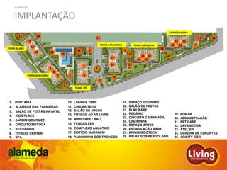 ALAMEDA
IMPLANTAÇÃO
9
3
30
2
17
16
5
5
5
29
1. PORTARIA
2. ALAMEDA DAS PALMEIRAS
3. SALÃO DE FESTAS INFANTIL
10. LOUNGE TEEN
11. CINEMA TEEN
12. SALÃO DE JOGOS
13. FITNESS AO AR LIVRE
14. MINISTREET BALL
15. TENDAS ZEN
16. COMPLEXO AQUÁTICO
18. PARQUINHO DOS TRONCOS
19. ESPAÇO GOURMET
20. SALÃO DE FESTAS
21. PLAY BABY
22. REDÁRIO
23. CIRCUITO CAMINHADA
24. CINEMINHA
25. ESPAÇO ARTES
26. ESTIMULAÇÃO BABY
27. BRINQUEDOTECA
14
1
4. KIDS PLACE
5. JARDIM GOURMET
6. CIRCUITO MOTOCA
7. VESTIÁRIOS
8. FITNESS CENTER
9. SPA
17. EDIFÍCIO GARAGEM
28. RELAX SOB PERGOLADO
29. POMAR
30. ADMINISTRAÇÃO
31. PET CARE
32. LAVANDERIA
33. ATELIER
34. QUADRA DE ESPORTES
35. AGILITY DOG
31
32
33
34 35
28
27
2624
2522
2120
19
4
18 5
1510
13
11
12
8
7
6
TORRE ÁLAMO
TORRE ARAUCÁRIA
TORRE IPÊ
TORRE LARANJEIRA TORRE CARVALHO
TORRE FIGUEIRA
23
 