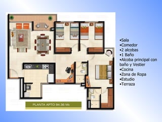 Sala  Comedor  2 alcobas 1 Baño Alcoba principal con baño y Vestier Cocina Zona de Ropa Estudio Terraza 