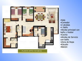 Sala  Comedor  2 alcobas 1 Baño Alcoba principal con baño y Vestier Cocina Alcoba de Servicio con baño Zona de Ropa Estudio Balcón 