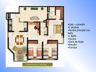 Sala - comedor  2 alcobas Alcoba principal con baño 1 Baño Cocina Zona de Ropa Estudio Terraza 