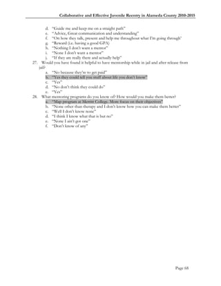 Collaborative and Effective Juvenile Reentry in Alameda County 2010-2015


         d. ―Guide me and keep me on a straight path‖
         e. ―Advice, Great communication and understanding‖
         f. ―On how they talk, present and help me throughout what I‘m going through‘
         g. ―Reward (i.e. having a good GPA)
         h. ―Nothing I don‘t want a mentor‖
         i. ―None I don‘t want a mentor‖
         j. ―If they are really there and actually help‖
27. Would you have found it helpful to have mentorship while in jail and after release from
   jail?
         a. ―No because they‘re to get paid‖
         b. ―Yes they could tell you stuff about life you don‘t know‖
         c. ―Yes‖
         d. ―No don‘t think they could do‖
         e. ―Yes‖
28. What mentoring programs do you know of? How would you make them better?
         a. ―Map program at Merritt College. More focus on their objectives‖
         b. ―None other than therapy and I don‘t know how you can make them better‖
         c. ―Well I don‘t know none‖
         d. ―I think I know what that is but no‖
         e. ―None I ain‘t got one‖
         f. ―Don‘t know of any‖




                                                                                   Page 68
 