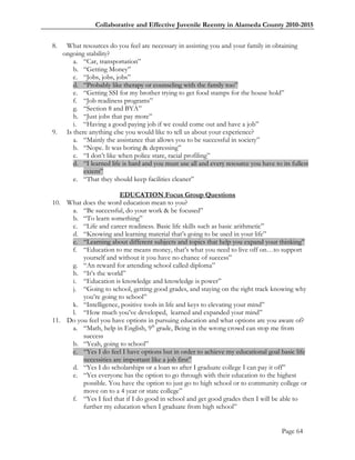 Collaborative and Effective Juvenile Reentry in Alameda County 2010-2015


8.  What resources do you feel are necessary in assisting you and your family in obtaining
   ongoing stability?
      a. ―Car, transportation‖
      b. ―Getting Money‖
      c. ―Jobs, jobs, jobs‖
      d. ―Probably like therapy or counseling with the family too‖
      e. ―Getting SSI for my brother trying to get food stamps for the house hold‖
      f. ―Job readiness programs‖
      g. ―Section 8 and BYA‖
      h. ―Just jobs that pay more‖
      i. ―Having a good paying job if we could come out and have a job‖
9. Is there anything else you would like to tell us about your experience?
      a. ―Mainly the assistance that allows you to be successful in society‖
      b. ―Nope. It was boring & depressing‖
      c. ―I don‘t like when police stare, racial profiling‖
      d. ―I learned life is hard and you must use all and every resource you have to its fullest
          extent‖
      e. ―That they should keep facilities cleaner‖

                       EDUCATION Focus Group Questions
10. What does the word education mean to you?
     a. ―Be successful, do your work & be focused‖
     b. ―To learn something‖
     c. ―Life and career readiness. Basic life skills such as basic arithmetic‖
     d. ―Knowing and learning material that‘s going to be used in your life‖
     e. ―Learning about different subjects and topics that help you expand your thinking‖
     f. ―Education to me means money, that‘s what you need to live off on…to support
         yourself and without it you have no chance of success‖
     g. ―An reward for attending school called diploma‖
     h. ―It‘s the world‖
     i. ―Education is knowledge and knowledge is power‖
     j. ―Going to school, getting good grades, and staying on the right track knowing why
         you‘re going to school‖
     k. ―Intelligence, positive tools in life and keys to elevating your mind‖
     l. ―How much you‘ve developed, learned and expanded your mind‖
11. Do you feel you have options in pursuing education and what options are you aware of?
     a. ―Math, help in English, 9th grade, Being in the wrong crowd can stop me from
         success
     b. ―Yeah, going to school‖
     c. ―Yes I do feel I have options but in order to achieve my educational goal basic life
         necessities are important like a job first‖
     d. ―Yes I do scholarships or a loan so after I graduate college I can pay it off‖
     e. ―Yes everyone has the option to go through with their education to the highest
         possible. You have the option to just go to high school or to community college or
         move on to a 4 year or state college‖
     f. ―Yes I feel that if I do good in school and get good grades then I will be able to
         further my education when I graduate from high school‖


                                                                                      Page 64
 