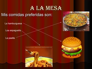 A lA mesA
Mis comidas preferidas son:

 La hamburguesa


  Los espaguetis


  La paella
 