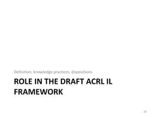 ROLE IN THE DRAFT ACRL IL
FRAMEWORK
Definition, knowledge practices, dispositions
28
 