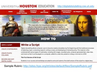 50
http://digitalstorytelling.coe.uh.edu
Sample Rubric: http://sites.fcps.org/trt/sites/default/files/SampleRubric.pdf
 