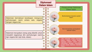 Diplomasi bermaksud kecekapan mengurus
perhubungan rasmi antara satu negara
dengan negara lain.
Diplomat merupakan orang yang dilantik untuk
mewakili negaranya dlm perhubungan rasmi
dgn negara lain (spt duta, atase).
Berlandaskan kepada aqidah
Islam.
Berorientasikan perangkaan
dakwah Islam.
Jika menolak untuk memeluk
Islam, diseru untuk tunduk
kepada sistem Islam yang
dibuktikan dengan membayar
jizyah tanpa dipaksa memeluk
Islam
Prinsip-prinsip Diplomasi
Dalam Islam
 