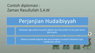 Contoh diplomasi :
Zaman Rasullullah S.A.W
Perjanjian Hudaibiyyah
Dilakukan dgn pihak musyrikin Mekah dan Rasulullah S.A.W pada tahun
928 masihi
Sebab musabab baginda dan para pengikut muslimin Madinah ingin
melakukan umrah
 