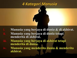 Apa tujuanApa tujuan
anda hidupanda hidup
di mukadi muka
bumi ini?bumi ini??? Dan (ingatlah) Aku tidak
menciptakan jin dan
manusia melainkan untuk
mereka menyembah dan
beri- badat kepadaKu.
( Surah Adh-Dhariyat : 56)
4 Kategori Manusia4 Kategori Manusia
i.i. Manusia yang berjaya di dunia & di akhirat.Manusia yang berjaya di dunia & di akhirat.
ii.ii. Manusia yang berjaya di dunia tetapiManusia yang berjaya di dunia tetapi
menderita di akhirat.menderita di akhirat.
iii.iii. Manusia yang berjaya di akhirat tetapiManusia yang berjaya di akhirat tetapi
menderita di dunia.menderita di dunia.
iv.iv. Manusia yang menderita dunia & menderitaManusia yang menderita dunia & menderita
akhirat.akhirat.
 