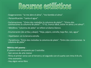 - Exageraciones: “se me abre el alma”, “me tiembla el alma”.
- Personificación: “canta el agua”.
- Exclamaciones: “¡Entre dos melodías la columna de plata!”, “¡Entre dos
 conmociones la columna de plata!”, “¡Y tú, tronco ideal, entre mi alma y mi alma!”.
- Metáfora: “columna de plata” se refiere al álamo blanco.
- Enumeración (de arriba y abajo): “Hoja, pájaro, estrella; baja flor, raíz, agua”
- Hipérbaton: en la tercera estrofa.
- Paralelismo: “Entre dos melodías la columna de plata”, “Entre dos conmociones la
 columna de plata”.

Métrica del poema :
El poema está compuesto por 3 estrofas
- Son versos de arte menor
- Rima el primer verso con el tercero y el segundo con el cuarto con rima A-B-a-b,
 rima asonante.
- Hay algún verso libre
 