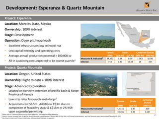 21
Development: Esperanza & Quartz Mountain
1 Please refer to Cautionary Notes on non-GAAP Measures and Additional GAAP Measures
2 Historic column recovery tests for gold at Quartz Mountain varied between 74% and 88% for the felsic rock hosted mineralization; see Orsa Ventures press release dated February 12, 2013
3 See mineral reserve and resource estimates and associated footnotes in appendix.
Project: Esperanza
Location: Morelos State, Mexico
Ownership: 100% interest
Stage: Development
Operation: Open pit, heap leach
• Excellent infrastructure; low technical risk
• Low capital intensity and operating costs
• Average annual production potential > 100,000 oz
• All-in sustaining costs expected to be lowest quartile1
Project: Quartz Mountain
Location: Oregon, United States
Ownership: Right to earn a 100% interest
Stage: Advanced Exploration
• Located on northern extension of prolific Basin & Range
Province of Nevada
• Low strip ratio, favourable metallurgy2
• Acquisition cost $3.5m. Additional C$3m due on
completion of feasibility study & C$15m or 2% NSR
upon successful permitting
Tonnes Grade Contained Ounces
(000) (g/t Au) (g/t Ag) (000 Au) (000 Ag)
Measured & Indicated3
34,352 0.98 8.09 1.083 8,936
Inferred 718 0.80 15.04 18 347
Quartz Butte
Crone Hill
Tonnes Grade
Contained
Ounces
(000) (g/t Au) (000 Au)
Measured & Indicated3
12,156 0.87 339
Inferred 39,205 0.91 1,147
 