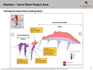 28
Mulatos – Cerro Pelon Project Area
Conceptual Long Section (Looking West)
For more information, see press release dated September 21, 2015 “Alamos Announces Discovery of New Zones of Mineralization at Cerro Pelon and La Yaqui”.
 