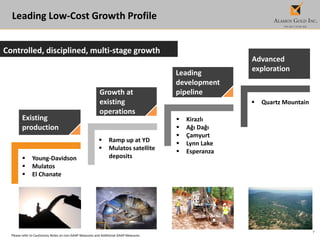 7
Leading Low-Cost Growth Profile
Leading
development
pipelineGrowth at
existing
operations
Existing
production
Please refer to Cautionary Notes on non-GAAP Measures and Additional GAAP Measures.
Controlled, disciplined, multi-stage growth
 Young-Davidson
 Mulatos
 El Chanate
 Ramp up at YD
 Mulatos satellite
deposits
 Kirazlı
 Ağı Dağı
 Çamyurt
 Lynn Lake
 Esperanza
 Quartz Mountain
Advanced
exploration
 