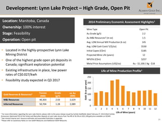 21
Development: Lynn Lake Project – High Grade, Open Pit
1 For more information regarding the Lynn Lake District, please refer to the press release issued by Carlisle Goldfields dated February 27, 2014 titled Carlisle
Announces Optimized PEA of the Farley and MacLellan deposits at Lynn Lake returns Post-Tax IRR of 26.3% at US$1,100 gold price available on SEDAR.
2 See mineral reserve and resource estimates and associated footnotes in appendix.
3 Please refer to Cautionary Notes on non-GAAP Measures and Additional GAAP Measures.
Location: Manitoba, Canada
Ownership: 100% interest
Stage: Feasibility
Operation: Open pit
• Located in the highly-prospective Lynn Lake
Mining District
• One of the highest grade open pit deposits in
Canada; significant exploration potential
• Existing infrastructure in place, low power
rates of C$0.027/kwh
• Feasibility study expected in Q3 2017
2014 Preliminary Economic Assessment Highlights1
Mine Type Open Pit
Au Grade (g/t) 2.2
Au M&I Resources2 (m oz) 1.5
Avg. LOM Annual Mill Production (k oz) 145
Avg. LOM Cash Costs3 (C$/oz) $530
Initial Capex (C$m) $185
Projected Mine Life (years) 12
NPV5% (C$m) $257
Metal Price Assumptions (US$/oz) Au - $1,100 / Ag - $18
Life of Mine Production Profile1
0
50
100
150
200
250
1 2 3 4 5 6 7 8 9 10 11 12
Gold(kozperyear)
Life of Mine (years)
Gold Reserves & Resources2 Tonnes
(000)
Grade
(g/t)
oz Au
(000)
M&I Resources 40,303 2.03 2,629
Inferred Resources 50,704 1.28 2,089
 