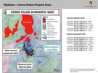 34
Mulatos – Cerro Pelon Project Area
RESULTS IN RESERVE CONES
15PEL056: 46m @ 1.13g/t Au (2 – 48m)
15PEL066: 27m @ 2.74g/t Au (34– 61m)
15PEL069: 20m @ 2.54g/t Au (52 - 72m) &
34m @ 6.67g/t Au (134 - 168m)
15PEL070: 44m @ 1.43g/t Au (11 – 55m)
15PEL073: 33m @ 3.20g/t Au (4 – 37m)
RESULTS IN RESOURCE CONES
15PEL012: 50m @ 14.47g/t Au (157-207m)
15PEL020: 35m @ 9.65g/t Au (157 - 192m)
15PEL075: 9m @ 2.69g/t Au (121 - 130m)
15PEL077: 52m @ 1.35g/t Au (41 - 93 m) &
6m @ 1.47g/t Au (97 - 103 m)
15PEL085: 14m @ 10.63g/t Au (24 - 138m)
16PEL018: 47m @ 7.79g/t Au (88 – 135m)
16PEL021: 41m @ 0.92g/t Au (81 - 122m)
See press release dated August 10, 2016 “Alamos Reports
Second Quarter 2016 Results and Provides Exploration
Update at Mulatos”.
 