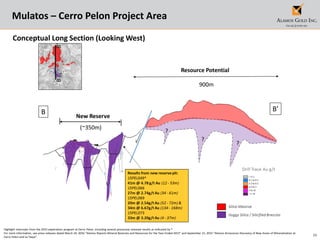 35
Mulatos – Cerro Pelon Project Area
Conceptual Long Section (Looking West)
Highlight intercepts from the 2015 exploration program at Cerro Pelon, including several previously released results as indicated by *
For more information, see press releases dated March 24, 2016 “Alamos Reports Mineral Reserves and Resources for the Year-Ended 2015” and September 21, 2015 “Alamos Announces Discovery of New Zones of Mineralization at
Cerro Pelon and La Yaqui”.
 