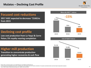 18
$1,047
$916
$890
2015A 2016A 2017E
Focused cost reductions
2017 AISC expected to decrease ~$160/oz
from 2015
Higher mill production
Transition to concentrate production
generating higher recoveries & cash flow
Declining cost profile
Low cost production from La Yaqui & Cerro
Pelon; 5% royalty nearing completion
1 Please refer to Cautionary Notes on non-GAAP Measures and Additional GAAP Measures.
2 For the purposes of calculating mine-site all-in sustaining costs, the Company does not include an allocation of corporate and administrative and share based compensation expenses.
3 Cost of sales includes mining and processing costs, royalties and amortization.
Mine-site AISC1,2 (US$/oz)
Cost of Sales3 (US$/oz)
-15%
$1,116
$1,088
$1,015
2015A 2016A 2017E
Mulatos – Declining Cost Profile
 