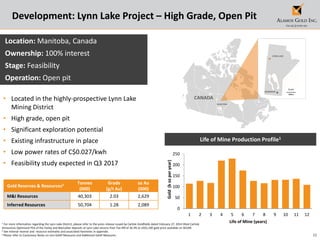 22
Development: Lynn Lake Project – High Grade, Open Pit
1 For more information regarding the Lynn Lake District, please refer to the press release issued by Carlisle Goldfields dated February 27, 2014 titled Carlisle
Announces Optimized PEA of the Farley and MacLellan deposits at Lynn Lake returns Post-Tax IRR of 26.3% at US$1,100 gold price available on SEDAR.
2 See mineral reserve and resource estimates and associated footnotes in appendix.
3 Please refer to Cautionary Notes on non-GAAP Measures and Additional GAAP Measures.
Location: Manitoba, Canada
Ownership: 100% interest
Stage: Feasibility
Operation: Open pit
• Located in the highly-prospective Lynn Lake
Mining District
• High grade, open pit
• Significant exploration potential
• Existing infrastructure in place
• Low power rates of C$0.027/kwh
• Feasibility study expected in Q3 2017
Life of Mine Production Profile1
0
50
100
150
200
250
1 2 3 4 5 6 7 8 9 10 11 12
Gold(kozperyear)
Life of Mine (years)
Gold Reserves & Resources2 Tonnes
(000)
Grade
(g/t Au)
oz Au
(000)
M&I Resources 40,303 2.03 2,629
Inferred Resources 50,704 1.28 2,089
 
