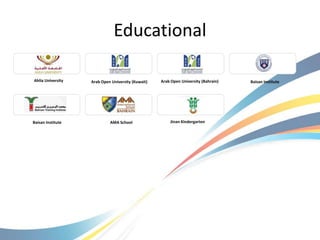 Educational

Ahlia University   Arab Open University (Kuwait)   Arab Open University (Bahrain)   Baisan Institute




Baisan Institute            AMA School                 Jinan Kindergarten
 