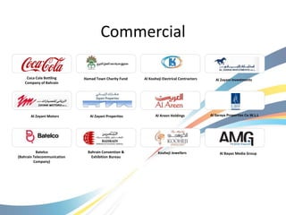 Commercial

    Coca Cola Bottling       Hamad Town Charity Fund   Al Kooheji Electrical Contractors      Al Zayani Investments
   Company of Bahrain




       Al Zayani Motors         Al Zayani Properties         Al Areen Holdings             Al Saraya Properties Co.W.L.L




          Batelco              Bahrain Convention &            Kooheji Jewellers                Al Bayan Media Group
(Bahrain Telecommunication       Exhibition Bureau
         Company)
 
