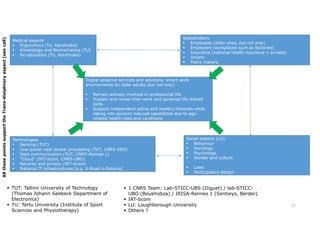 Technologies
 Sensing (TUT)
 Low-power near sensor processing (TUT, CNRS-UBS)
 Data communication (TUT, CNRS-Rennes 1)
 “Cloud“ (IRT-bcom, CNRS-UBO)
 Security and privacy (IRT-bcom)
 National IT infrastructures (e.g. X-Road in Estonia)
Digital adaptive services and solutions: smart work
environments for older adults (but not only)
 Remain actively involved in professional life
 Sustain and renew their work and personal life related
skills
 Support independent active and healthy lifestyles while
taking into account reduced capabilities due to age-
related health risks and conditions
Stakeholders
 Employees (older ones, but not only)
 Employers (workplaces such as factories)
 Insurance (national health insurance + private)
 Unions
 Policy makers
Medical experts
 Ergonomics (TU, Karolinska)
 Kinesiology and Biomechanics (TU)
 Re-education (TU, Karolinska)
Social experts (LU)
 Behaviour
 Sociology
 Psychology
 Gender and culture
 Laws
 Participatory design
 TUT: Tallinn University of Technology
(Thomas Johann Seebeck Department of
Electronics)
 TU: Tartu University (Institute of Sport
Sciences and Physiotherapy)
11
AllthesepointssupporttheTrans-disiplinaryaspect(seecall)
 1 CNRS Team: Lab-STICC-UBS (Diguet) / lab-STICC-
UBO (Boukhobza) / IRISA-Rennes 1 (Sentieys, Berder)
 IRT-bcom
 LU: Loughborough University
 Others ?
 