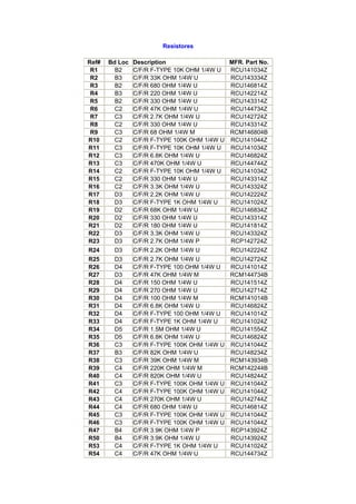 Resistores

Ref#   Bd Loc   Description                  MFR. Part No.
 R1      B2     C/F/R F-TYPE 10K OHM 1/4W U  RCU141034Z
 R2      B3     C/F/R 33K OHM 1/4W U         RCU143334Z
 R3      B2     C/F/R 680 OHM 1/4W U         RCU146814Z
 R4      B3     C/F/R 220 OHM 1/4W U         RCU142214Z
 R5      B2     C/F/R 330 OHM 1/4W U         RCU143314Z
 R6      C2     C/F/R 47K OHM 1/4W U         RCU144734Z
 R7      C3     C/F/R 2.7K OHM 1/4W U        RCU142724Z
 R8      C2     C/F/R 330 OHM 1/4W U         RCU143314Z
 R9      C3     C/F/R 68 OHM 1/4W M          RCM146804B
R10      C2     C/F/R F-TYPE 100K OHM 1/4W U RCU141044Z
R11      C3     C/F/R F-TYPE 10K OHM 1/4W U  RCU141034Z
R12      C3     C/F/R 6.8K OHM 1/4W U        RCU146824Z
R13      C3     C/F/R 470K OHM 1/4W U        RCU144744Z
R14      C2     C/F/R F-TYPE 10K OHM 1/4W U  RCU141034Z
R15      C2     C/F/R 330 OHM 1/4W U         RCU143314Z
R16      C2     C/F/R 3.3K OHM 1/4W U        RCU143324Z
R17      D3     C/F/R 2.2K OHM 1/4W U        RCU142224Z
R18      D3     C/F/R F-TYPE 1K OHM 1/4W U   RCU141024Z
R19      D2     C/F/R 68K OHM 1/4W U         RCU146834Z
R20      D2     C/F/R 330 OHM 1/4W U         RCU143314Z
R21      D2     C/F/R 180 OHM 1/4W U         RCU141814Z
R22      D3     C/F/R 3.3K OHM 1/4W U        RCU143324Z
R23      D3     C/F/R 2.7K OHM 1/4W P        RCP142724Z
R24     D3      C/F/R 2.2K OHM 1/4W U          RCU142224Z
R25     D3      C/F/R 2.7K OHM 1/4W U          RCU142724Z
R26     D4      C/F/R F-TYPE 100 OHM 1/4W U    RCU141014Z
R27     D3      C/F/R 47K OHM 1/4W M           RCM144734B
R28     D4      C/F/R 150 OHM 1/4W U           RCU141514Z
R29     D4      C/F/R 270 OHM 1/4W U           RCU142714Z
R30     D4      C/F/R 100 OHM 1/4W M           RCM141014B
R31     D4      C/F/R 6.8K OHM 1/4W U          RCU146824Z
R32     D4      C/F/R F-TYPE 100 OHM 1/4W U    RCU141014Z
R33     D4      C/F/R F-TYPE 1K OHM 1/4W U     RCU141024Z
R34     D5      C/F/R 1.5M OHM 1/4W U          RCU141554Z
R35     D5      C/F/R 6.8K OHM 1/4W U          RCU146824Z
R36     C3      C/F/R F-TYPE 100K OHM 1/4W U   RCU141044Z
R37     B3      C/F/R 82K OHM 1/4W U           RCU148234Z
R38     C3      C/F/R 39K OHM 1/4W M           RCM143934B
R39     C4      C/F/R 220K OHM 1/4W M          RCM142244B
R40     C4      C/F/R 820K OHM 1/4W U          RCU148244Z
R41     C3      C/F/R F-TYPE 100K OHM 1/4W U   RCU141044Z
R42     C4      C/F/R F-TYPE 100K OHM 1/4W U   RCU141044Z
R43     C4      C/F/R 270K OHM 1/4W U          RCU142744Z
R44     C4      C/F/R 680 OHM 1/4W U           RCU146814Z
R45     C3      C/F/R F-TYPE 100K OHM 1/4W U   RCU141044Z
R46     C3      C/F/R F-TYPE 100K OHM 1/4W U   RCU141044Z
R47     B4      C/F/R 3.9K OHM 1/4W P          RCP143924Z
R50     B4      C/F/R 3.9K OHM 1/4W U          RCU143924Z
R53     C4      C/F/R F-TYPE 1K OHM 1/4W U     RCU141024Z
R54     C4      C/F/R 47K OHM 1/4W U           RCU144734Z
 