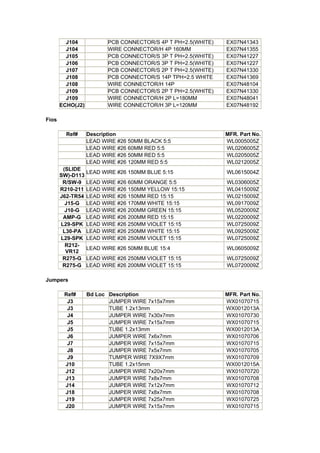 J104            PCB CONNECTOR/S 4P T PH=2.5(WHITE)   EX07N41343
         J104            WIRE CONNECTOR/H 4P 160MM            EX07N41355
         J105            PCB CONNECTOR/S 3P T PH=2.5(WHITE)   EX07N41227
         J106            PCB CONNECTOR/S 3P T PH=2.5(WHITE)   EX07N41227
         J107            PCB CONNECTOR/S 2P T PH=2.5(WHITE)   EX07N41330
         J108            PCB CONNECTOR/S 14P TPH=2.5 WHITE    EX07N41369
         J108            WIRE CONNECTOR/H 14P                 EX07N48104
         J109            PCB CONNECTOR/S 2P T PH=2.5(WHITE)   EX07N41330
         J109            WIRE CONNECTOR/H 2P L=180MM          EX07N48041
       ECHO(J2)          WIRE CONNECTOR/H 3P L=120MM          EX07N48192

Fios

         Ref#     Description                                 MFR. Part No.
                  LEAD WIRE #26 50MM BLACK 5:5                WL0005005Z
                  LEAD WIRE #26 60MM RED 5:5                  WL0206005Z
                  LEAD WIRE #26 50MM RED 5:5                  WL0205005Z
                  LEAD WIRE #26 120MM RED 5:5                 WL0212005Z
        (SLIDE
                  LEAD WIRE #26 150MM BLUE 5:15               WL0615004Z
       SW)-D113
        R/SW-9    LEAD WIRE #26 60MM ORANGE 5:5               WL0306005Z
       R210-211   LEAD WIRE #26 150MM YELLOW 15:15            WL0415009Z
       J62-TR54   LEAD WIRE #26 150MM RED 15:15               WL0215009Z
         J15-G    LEAD WIRE #26 170MM WHITE 15:15             WL0917009Z
         J10-G    LEAD WIRE #26 200MM GREEN 15:15             WL0520009Z
        AMP-G     LEAD WIRE #26 200MM RED 15:15               WL0220009Z
       L29-SPK    LEAD WIRE #26 250MM VIOLET 15:15            WL0725009Z
        L30-PA    LEAD WIRE #26 250MM WHITE 15:15             WL0925009Z
       L29-SPK    LEAD WIRE #26 250MM VIOLET 15:15            WL0725009Z
         R212-
                  LEAD WIRE #26 50MM BLUE 15:4                WL0605009Z
         VR12
        R275-G    LEAD WIRE #26 250MM VIOLET 15:15            WL0725009Z
        R275-G    LEAD WIRE #26 200MM VIOLET 15:15            WL0720009Z

Jumpers

        Ref#      Bd Loc Description                          MFR. Part No.
         J3              JUMPER WIRE 7x15x7mm                 WX01070715
         J3              TUBE 1.2x13mm                        WX0012013A
         J4              JUMPER WIRE 7x30x7mm                 WX01070730
         J5              JUMPER WIRE 7x15x7mm                 WX01070715
         J5              TUBE 1.2x13mm                        WX0012013A
         J6              JUMPER WIRE 7x6x7mm                  WX01070706
         J7              JUMPER WIRE 7x15x7mm                 WX01070715
         J8              JUMPER WIRE 7x5x7mm                  WX01070705
         J9              TUMPER WIRE 7X9X7mm                  WX01070709
        J10              TUBE 1.2x15mm                        WX0012015A
        J12              JUMPER WIRE 7x20x7mm                 WX01070720
        J13              JUMPER WIRE 7x8x7mm                  WX01070708
        J14              JUMPER WIRE 7x12x7mm                 WX01070712
        J18              JUMPER WIRE 7x8x7mm                  WX01070708
        J19              JUMPER WIRE 7x25x7mm                 WX01070725
        J20              JUMPER WIRE 7x15x7mm                 WX01070715
 