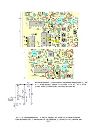 Factory schematics (Tube schematics set) there is an error on C101 and
                           R115. The schematics show R115 to ground, but in fact C101 is on the
                           ground side of R115 as shown in the diagran on the left.




 DX33 - In current production C170 is not in the radio and should not be on the schematic.
In early production C170 was installed on the solder side of the main pcb and the value was
                                           100pf.
 
