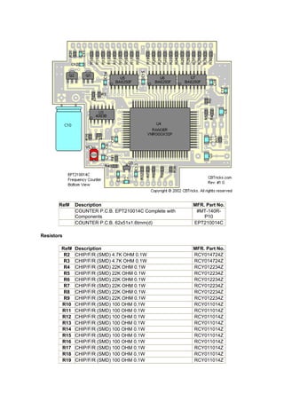 Ref#    Description                               MFR. Part No.
               COUNTER P.C.B. EPT210014C Complete with    #MT-140R-
               Components                                    P10
               COUNTER P.C.B. 62x51x1.6tmm(d)            EPT210014C

Resistors

        Ref#   Description                               MFR. Part No.
         R2    CHIP/F/R (SMD) 4.7K OHM 0.1W              RCY014724Z
         R3    CHIP/F/R (SMD) 4.7K OHM 0.1W              RCY014724Z
         R4    CHIP/F/R (SMD) 22K OHM 0.1W               RCY012234Z
         R5    CHIP/F/R (SMD) 22K OHM 0.1W               RCY012234Z
         R6    CHIP/F/R (SMD) 22K OHM 0.1W               RCY012234Z
         R7    CHIP/F/R (SMD) 22K OHM 0.1W               RCY012234Z
         R8    CHIP/F/R (SMD) 22K OHM 0.1W               RCY012234Z
         R9    CHIP/F/R (SMD) 22K OHM 0.1W               RCY012234Z
        R10    CHIP/F/R (SMD) 100 OHM 0.1W               RCY011014Z
        R11    CHIP/F/R (SMD) 100 OHM 0.1W               RCY011014Z
        R12    CHIP/F/R (SMD) 100 OHM 0.1W               RCY011014Z
        R13    CHIP/F/R (SMD) 100 OHM 0.1W               RCY011014Z
        R14    CHIP/F/R (SMD) 100 OHM 0.1W               RCY011014Z
        R15    CHIP/F/R (SMD) 100 OHM 0.1W               RCY011014Z
        R16    CHIP/F/R (SMD) 100 OHM 0.1W               RCY011014Z
        R17    CHIP/F/R (SMD) 100 OHM 0.1W               RCY011014Z
        R18    CHIP/F/R (SMD) 100 OHM 0.1W               RCY011014Z
        R19    CHIP/F/R (SMD) 100 OHM 0.1W               RCY011014Z
 