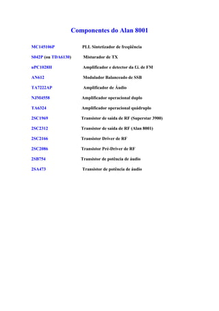 Componentes do Alan 8001

MC145106P            PLL Sintetizador de freqüência

S042P (ou TDA6130)    Misturador de TX

uPC1028H              Amplificador e detector da f.i. de FM

AN612                 Modulador Balanceado de SSB

TA7222AP              Amplificador de Áudio

NJM4558              Amplificador operacional duplo

TA6324               Amplificador operacional quádruplo

2SC1969              Transistor de saída de RF (Superstar 3900)

2SC2312              Transistor de saída de RF (Alan 8001)

2SC2166              Transistor Driver de RF

2SC2086              Transistor Pré-Driver de RF

2SB754               Transistor de potência de áudio

2SA473               Transistor de potência de áudio
 