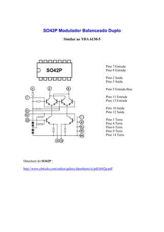 SO42P Modulador Balanceado Duplo
                             Similar ao TDA 6130-5




                                                            Pino 7 Entrada
                                                            Pino 8 Entrada

                                                            Pino 2 Saída
                                                            Pino 3 Saída

                                                            Pino 5 Entrada Bias

                                                            Pino 11 Entrada
                                                            Pino 13 Entrada

                                                            Pino 10 Saída
                                                            Pino 12 Saída

                                                            Pino 1 Terra
                                                            Pino 4 Terra
                                                            Pino 6 Terra
                                                            Pino 9 Terra
                                                            Pino 14 Terra




Datasheet do SO42P :

http://www.cbtricks.com/radios/galaxy/datasheets/ic/pdf/s042p.pdf
 