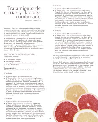 Las Estrías y la Flacidez corporal suelen aparecer de manera
conjunta. Se producen por modificaciones metabólicas que afectan
al tejido conjuntivo como: aumento de la lipólisis, disminución de
la síntesis de proteínas por parte de los fibroblastos y disminución
del aporte de nutrientes al tejido epitelial.
El
combina una serie de ingredientes de probada eficacia que
actúan de manera conjunta y sinérgica contra ambos problemas,
lo que unido a las propiedades de la aromaterapia,
chocolaterapia y algaterapia del pack Alan Nature nos permiten
tratar las Estrías y la Flacidez desde diferentes ángulos,
consiguiendo resultados espectaculares en un problema estético
de por si difícil de tratar.
Aconsejamos combinar:
el ,
las ,
las y
el .
Supuesto práctico:
Cliente que inicia un tratamiento de 4 semanas:
Aplicar el .
Aplicar una
con un ligero masaje. Si se desea aplicar
aparatología (presoterapia, ionización, recuperador, etc.), la
mayor parte de estos sistemas son compatibles con nuestras
Ampollas Acti-Blat. A continuación, realizar un masaje por la
zona con
. Aplicar una
y realizar un suave masaje hasta su absorción. Acabar
la sesión con una
utilizando el resto de aceite y esencias del masaje de
aromaterapia.
Aplicar el .
Aplicar una
con un ligero masaje. Si se desea aplicar
aparatología (presoterapia, ionización, recuperador, etc.), la
mayor parte de estos sistemas son compatibles con nuestras
Ampollas Acti-Blat. A continuación, realizar un masaje por la
zona con
. Aplicar una
y realizar un suave masaje hasta su absorción. Acabar
la sesión con una con el resto
de aceite y esencias del masaje de aromaterapia.
Tratamiento de Estrías y Flacidez de Alan Coar: Strialán
PROTOCOLOS DE TRATAMIENTO
! Tratamiento Strialán
! Ampollas Acti-Blat
! Ampollas de Extracto Embrionario Especial
! Pack Alan Nature
1ª SEMANA
! 1ª Sesión: Tratamiento Strialán
! 2ª Sesión: (a los 2 días de la primera sesión):
Ampolla Acti-Blat
Aceite de Avellana y esencias de Geranio, Romero,
Mirra y Ciprés Ampolla de Extracto Embrionario
Especial
Mascarilla de Chocolate Alan Nature
2ª SEMANA
! 3ª Sesión: Tratamiento Strialán
! 4ª Sesión: (a los 2 días de la tercera sesión):
Ampolla Acti-Blat
aceite de Almendras y esencias de Geranio, Romero,
Limón y Naranja Ampolla de Extracto Embrionario
Especial
Mascarilla de Algas Alan Nature
,
3ª SEMANA
! 5ª Sesión: Tratamiento Strialán
! 6ª Sesión: (a los 2 días de la quinta sesión):
Ampolla Acti-Blat
Aceite de Avellana y esencias de Geranio, Romero,
Mirra y Ciprés Ampolla de Extracto
Embrionario Especial
Mascarilla de Chocolate
4ª SEMANA
! 7ª Sesión: Tratamiento Strialán
! 8ª Sesión: (a los 2 días de la séptima sesión):
Ampolla Acti-Blat
Aceite de Almendras esencias de
Geranio, Romero, Limón y Naranja Ampolla de
Extracto Embrionario Especial
Mascarilla de
Algas
Leche Regeneradora 500 cc Crema
Reafirmante de 250 cc
Aplicar el .
Aplicar una
con un ligero masaje. Si se desea aplicar
aparatología (presoterapia, ionización, recuperador, etc.), la
mayor parte de estos sistemas son compatibles con nuestras
Ampollas Acti-Blat. A continuación, realizar un masaje por la
zona con
. Aplicar una
y realizar un suave masaje hasta su
absorción. Acabar la sesión con una
utilizando el resto de aceite y esencias del masaje de
aromaterapia.
Aplicar el .
Aplicar una
con un ligero masaje. Si se desea aplicar
aparatología (presoterapia, ionización, recuperador, etc.), la
mayor parte de los sistemas de aparatología son compatibles
con nuestras Ampollas Acti-Blat. A continuación, realizar un
masaje por la zona con y
. Aplicar una
y realizar un suave masaje
hasta su absorción. Acabar la sesión con una
con el resto de aceite y esencias del masaje de
aromaterapia.
Este protocolo de tratamiento se puede utilizar tantas veces como
se considere oportuno, y es posible espaciar las sesiones en
función de las necesidades del cliente final.
Siempre, desde la primera sesión, debemos prescribir al cliente el
uso en casa diario de la y la
, recomendando la aplicación de la Leche
Regeneradora por la mañana o después del baño o ducha y la
crema reafirmante por la noche antes de acostarse.
En condiciones normales y con la aplicación diaria, el cliente
debe utilizar una unidad de cada producto al mes .
28
Tratamiento de
estrías y flacidez
combinado
PREVIENE Y CORRIGE
 