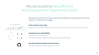 We are building very efficient
and transparent organisation tools
We spend a lot of time to build a solid and scalable internal organisation and we
share our methods on our blog.
Push product every week
Organised around Weekly Objectives with a very clear weekly update on how we achieved them
Transparency & responsibility
Very high level of transparency
No Product Manager: organisation focused on project-specific leads
We take decisions quickly and track them
Almost no meeting: all our knowledge is on GitHub
36
 