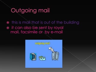  this is mail that is out of the building
 it can also be sent by royal
  mail, facsimile or by e-mail
 