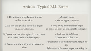 Articles - Typical ELL Errors 
1. Do not use a singular count noun 
without an article. 
job, apple, reason 
a job, an apple, a reason 
2. Do not use a with a noun that begins 
with a vowel sound. 
a hour, a heir, a honourable colleague 
an hour, an heir, an honourable colleague 
3. Do not use the with a plural count noun 
that refers to the whole category. 
I don’t trust the politicians. 
I don’t trust politicians. 
4. Do not use the with abstract nouns or 
ideas 
The education is the most important thing in my 
life. 
Education is the most important thing in 
my life. 
