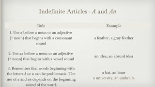 Indefinite Articles - A and An 
Rule Example 
1. Use a before a noun or an adjective 
(+ noun) that begins with a consonant 
sound 
a feather, a gray feather 
2. Use an before a noun or an adjective 
(+ noun) that begins with a vowel sound 
an idea, an absurd idea 
3. Remember that words beginning with 
the letters h or u can be problematic. The 
use of a and an depends on the beginning 
sound of the word. 
a hat, an hour 
a university, an umbrella 
 