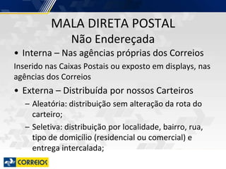 MALA DIRETA POSTAL
Não Endereçada
• Interna – Nas agências próprias dos Correios
Inserido nas Caixas Postais ou exposto em displays, nas
agências dos Correios
• Externa – Distribuída por nossos Carteiros
– Aleatória: distribuição sem alteração da rota do
carteiro;
– Seletiva: distribuição por localidade, bairro, rua,
tipo de domicílio (residencial ou comercial) e
entrega intercalada;
 