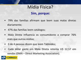 Mídia Física?
Sim, porque:
• 79% das famílias afirmam que leem suas malas diretas
diariamente;
• 47% das famílias leem catálogos;
• Mala Direta influencia os consumidores a comprar 76%
mais que outras mídias;
• 3 de 4 pessoas dizem que leem Tabloides;
• Cada dólar gasto em Mala Direta retorna U$ 12,57 em
vendas (DMA – Direct Marketing Association).
 