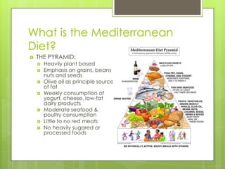 What is the Mediterranean
Diet?
 THE PYRAMID:
 Heavily plant based
 Emphasis on grains, beans
nuts and seeds
 Olive oil as principle source
of fat
 Weekly consumption of
yogurt, cheese, low-fat
dairy products
 Moderate seafood &
poultry consumption
 Little to no red meats
 No heavily sugared or
processed foods
 