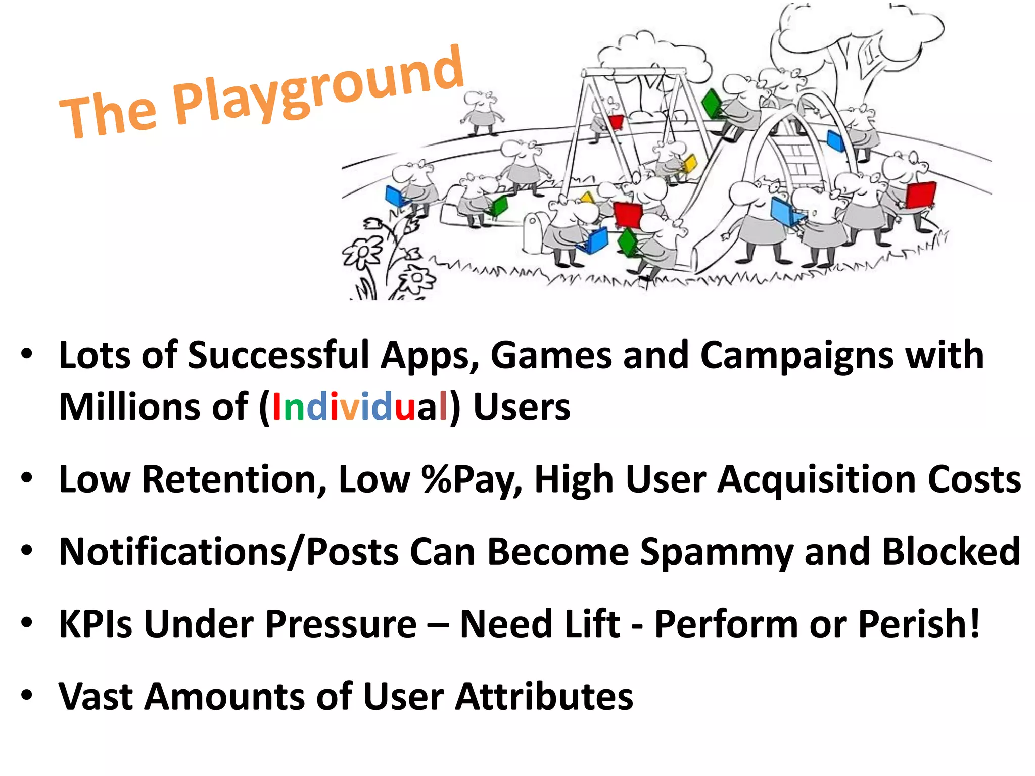 • Lots of Successful Apps, Games and Campaigns with
  Millions of (Individual) Users
• Low Retention, Low %Pay, High User Acquisition Costs
• Notifications/Posts Can Become Spammy and Blocked
• KPIs Under Pressure – Need Lift - Perform or Perish!
• Vast Amounts of User Attributes
 