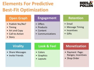 Elements For Predictive
Best-Fit Optimization
     Open Graph            Engagement            Retention
 •   Publish Yes/No?   •   Offers           •   Email
 •   Timing            •   Products         •   Message Timing
 •   Art and Copy      •   Content          •   Incentives
 •   Call-to-Action    •   Communications   •   Gifts
 •   Story


        Virality           Look & Feel          Monetization
 • Share Messages      • Colors             • Payment Page:
 • Invite Friends      • Graphics             Ranges, Incentives
                       • Layouts            • Shop Order
 