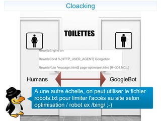 Cloacking
Humans
RewriteEngine on
RewriteCond %{HTTP_USER_AGENT} Googlebot
RewriteRule ^mapage.html$ page-optimisee.html [R=301,NC,L]
GoogleBot
A une autre échelle, on peut utiliser le fichier
robots.txt pour limiter l'accès au site selon
optimisation / robot ex /bing/ ;-)
 